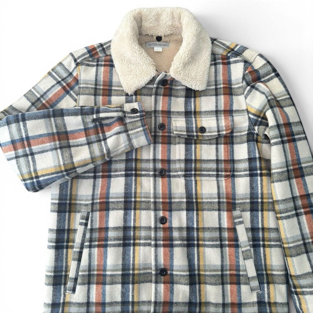 Outerknown Sherpa Lined Jacket Men Small Tan Plaid Wool Blend Flannel Shirt Coat